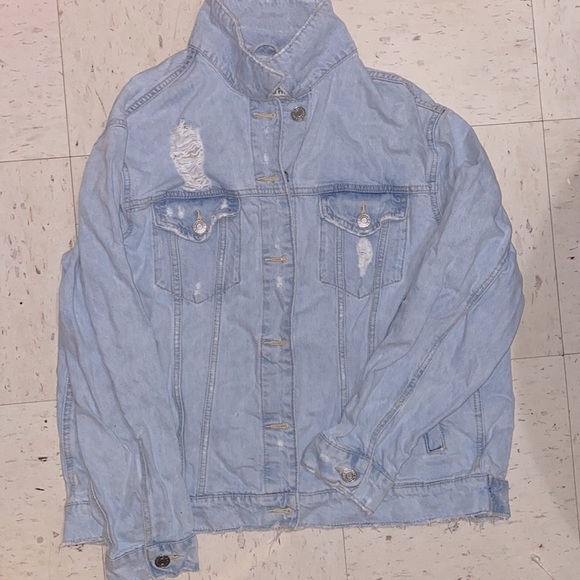 Garage Boyfriend Fit Distressed  Denim Raw Edge Button Up Jean Jacket - Picture 1 of 4